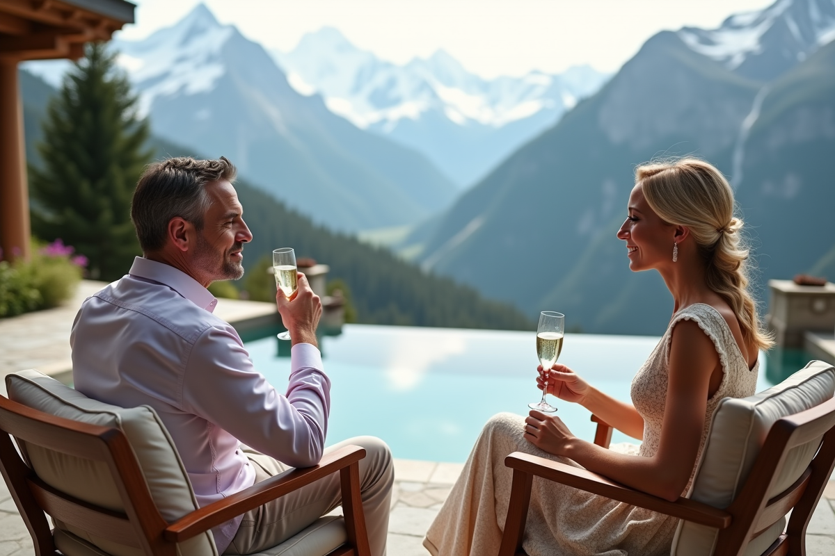 Couple sophistiqué se détend au resort en montagne