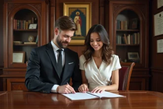 Jeune couple en réunion avec document à l'eglise