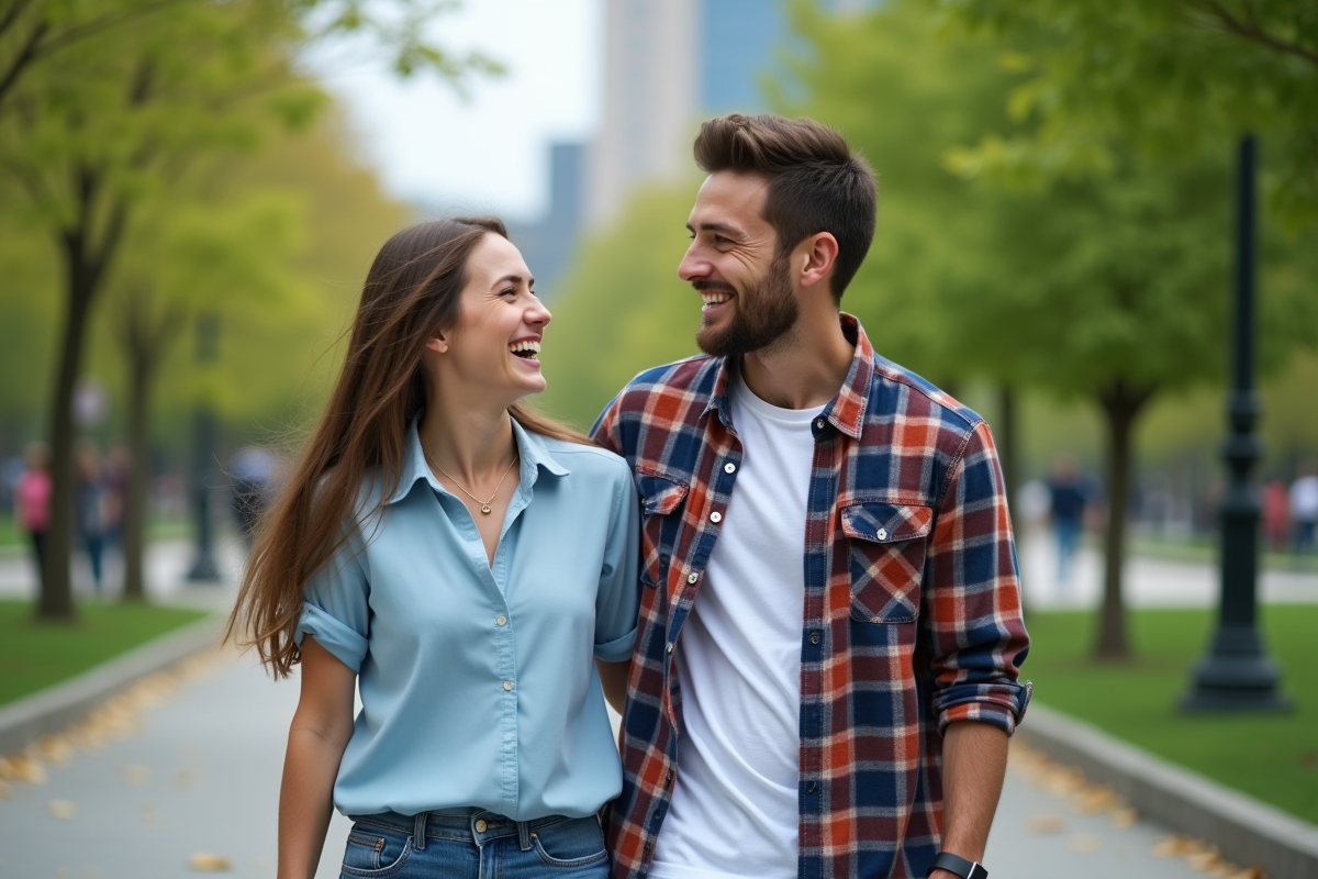 Jeune couple riant en se promenant dans un parc