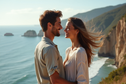 Jeune couple romantique sur une falaise face à l'océan