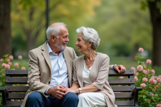Couple senior souriant sur un banc dans un jardin