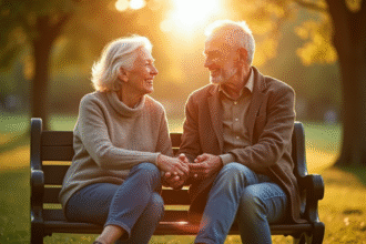 Couple senior assis sur un banc ensoleille dans un parc