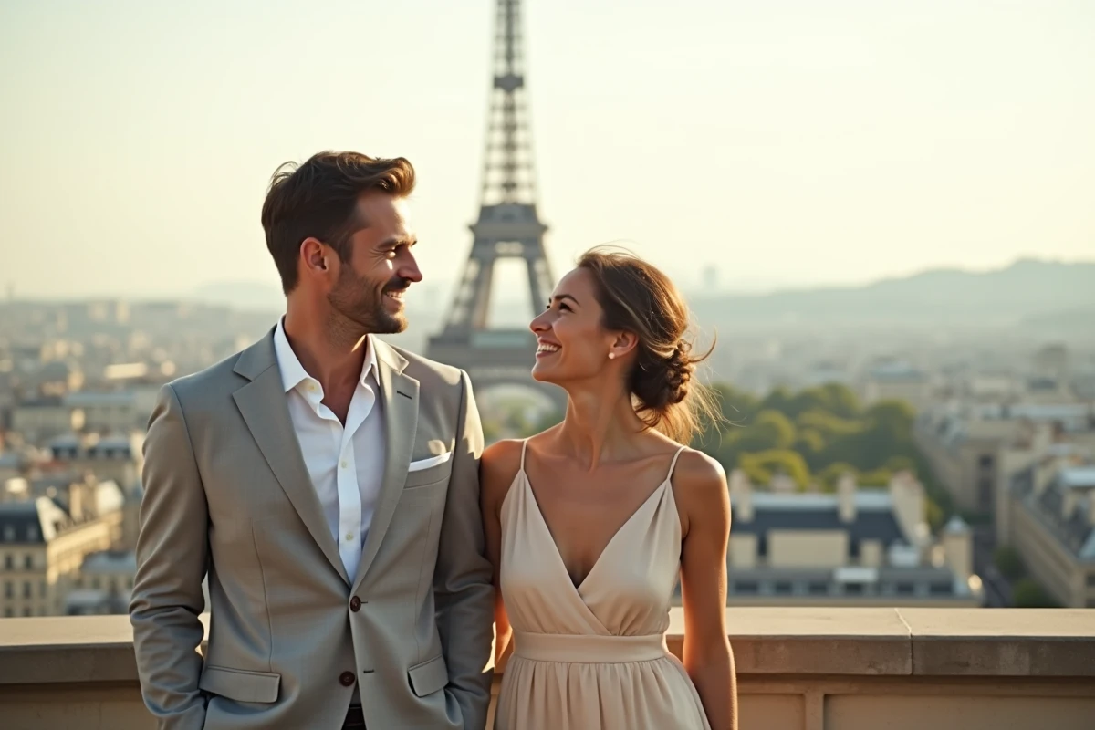 Couple élégant en tenue légère lors d'un mariage sur les toits de Paris avec vue sur la Tour Eiffel