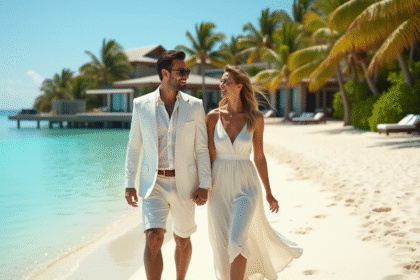 Jeune couple élégant marche sur la plage tropicale