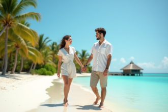 Jeune couple souriant sur la plage de sable blanc