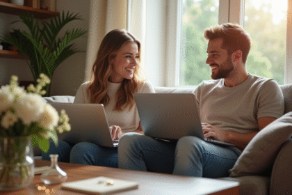 Couple heureux en visioconférence dans leur salon avec invitations et alliances