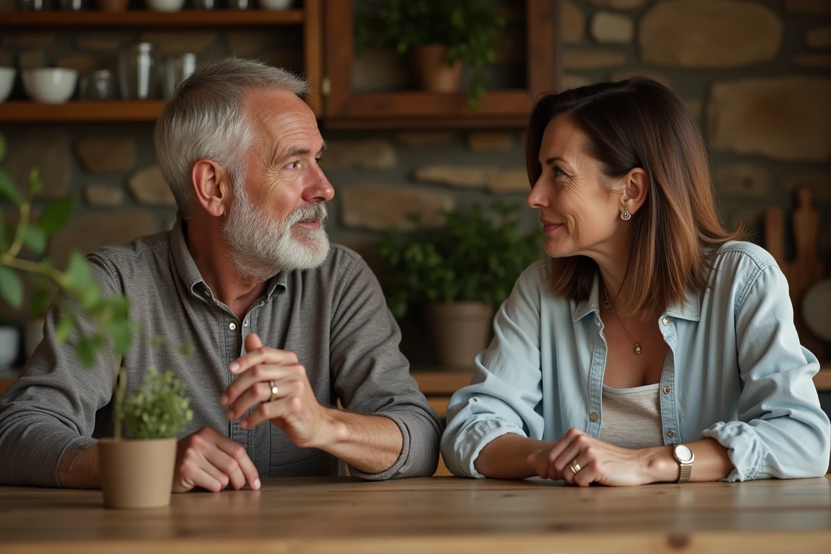 Un couple discutant dans une cuisine chaleureuse et rustique