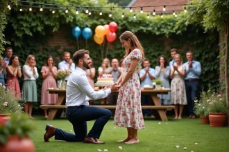 Homme qui fait sa demande en mariage lors d'un anniversaire surprise en jardin, entouré de proches émerveillés