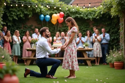 Homme qui fait sa demande en mariage lors d'un anniversaire surprise en jardin, entouré de proches émerveillés