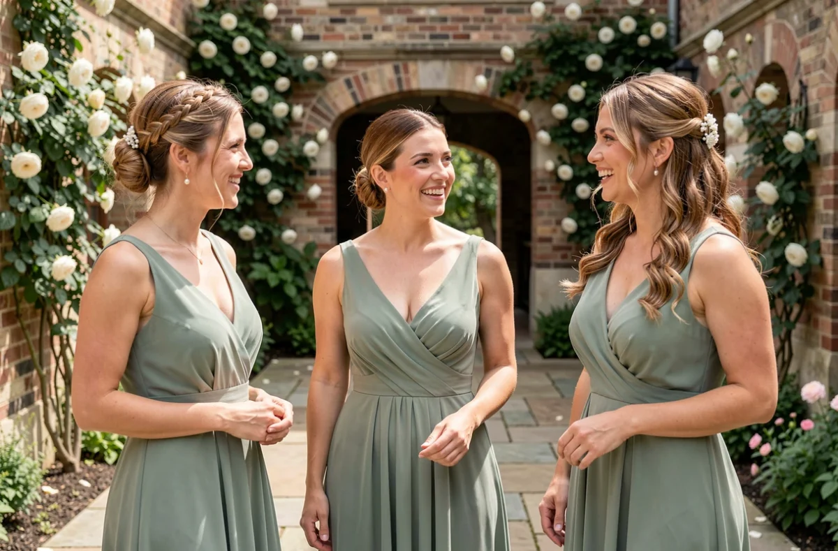 Trois demoiselles d'honneur en robes vert sauge présentant différentes coiffures longue durée dans un jardin fleuri