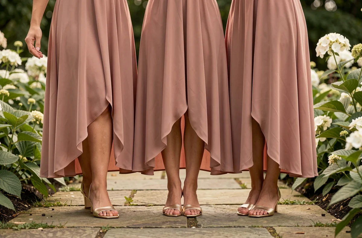 Trois demoiselles d'honneur en robes rose poudré et sandales dorées coordonnées dans un jardin fleuri