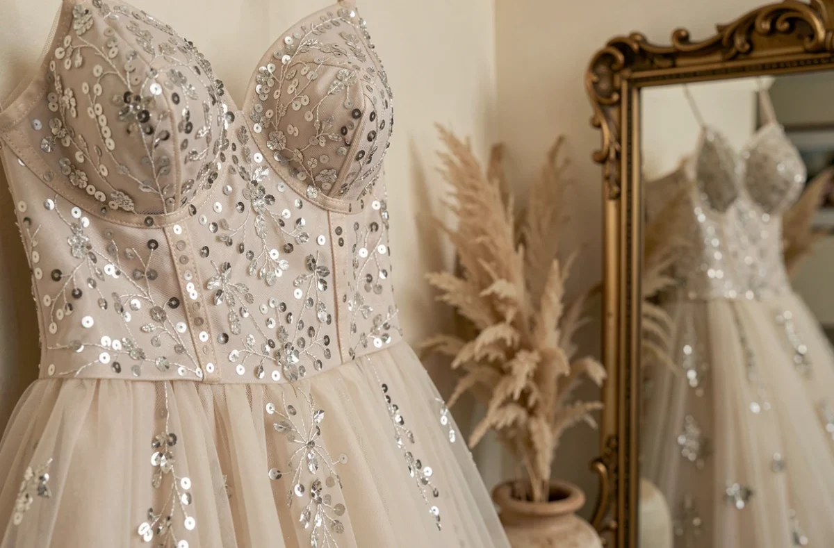 Détail en gros plan de la jupe et du corsage en paillettes d'une robe de mariée princesse bouffante exposée dans une chambre décorée style éditorial avec miroir doré et herbe de pampa