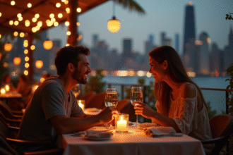 Couple souriant profitant d'un diner romantique en terrasse