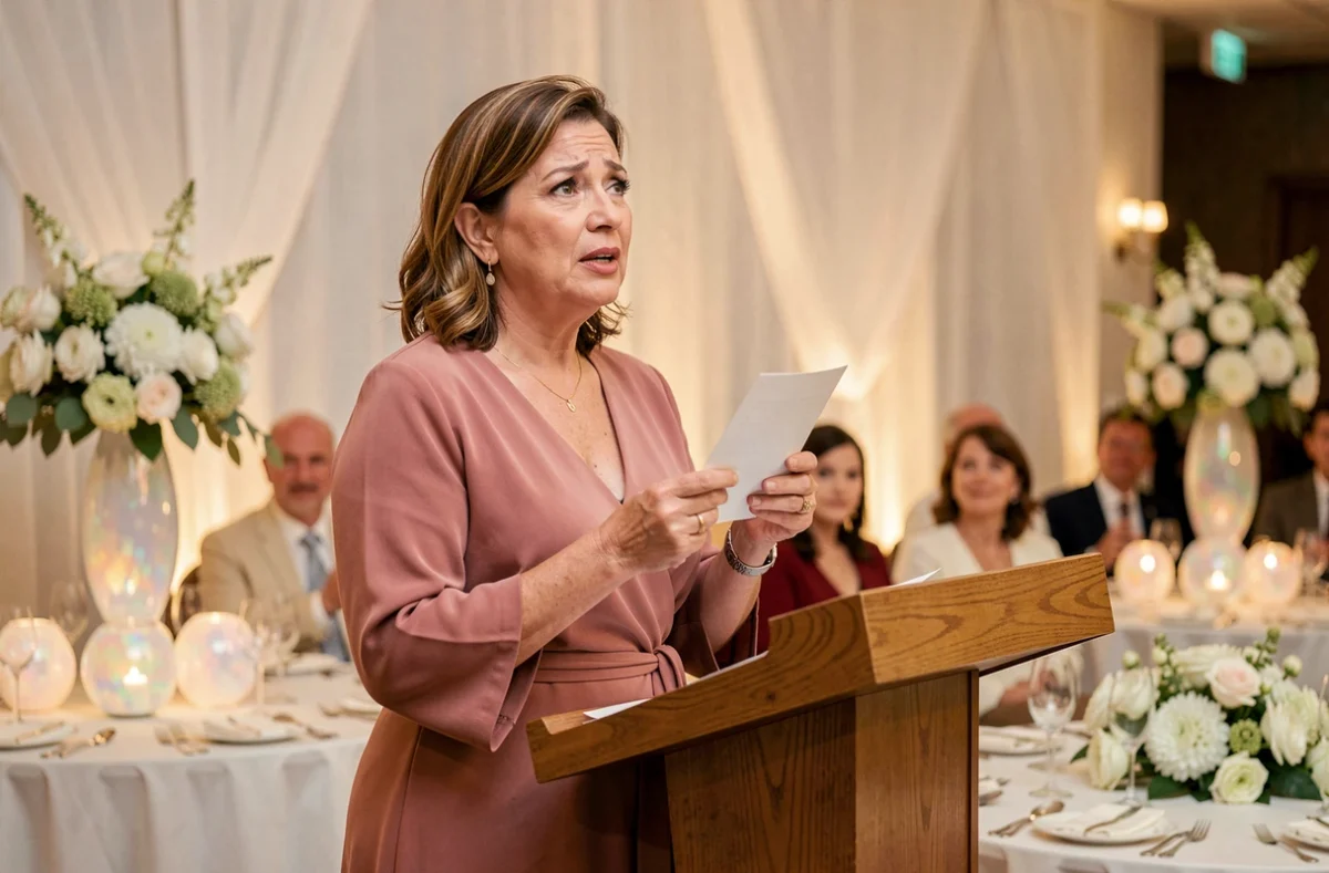 Femme prononçant un discours émouvant lors d'une célébration de 21 ans de mariage décorée en opale