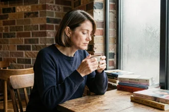 Femme discrète assise seule dans un café, illustrant le choix de la vie privée loin des projecteurs médiatiques
