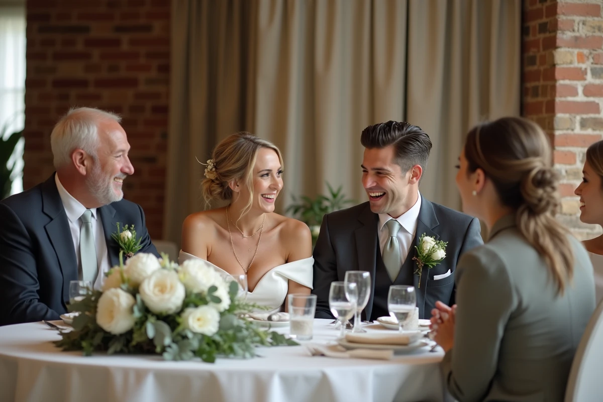 Mariés en discussion avec témoins et parrains autour d'une table décorée lors d'une réception de mariage en intérieur