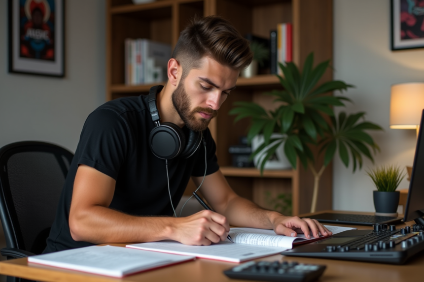 Jeune DJ en action dans son bureau cosy avec notes et musique