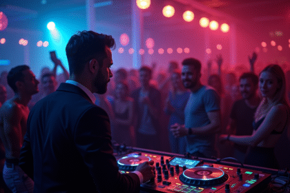 DJ professionnel en action lors d'une soirée moderne avec éclairage vibrant