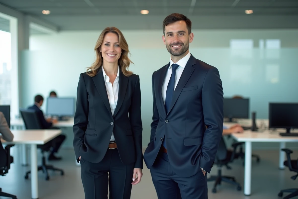 Deux journalistes professionnels homme et femme en tenue formelle dans une salle de rédaction moderne avec écrans et cloisons en verre dépoli