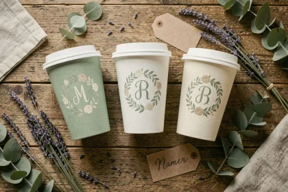 Éco cups personnalisés avec monogramme floral disposés en flat lay sur table en bois avec lavande séchée et étiquettes kraft pour mariage
