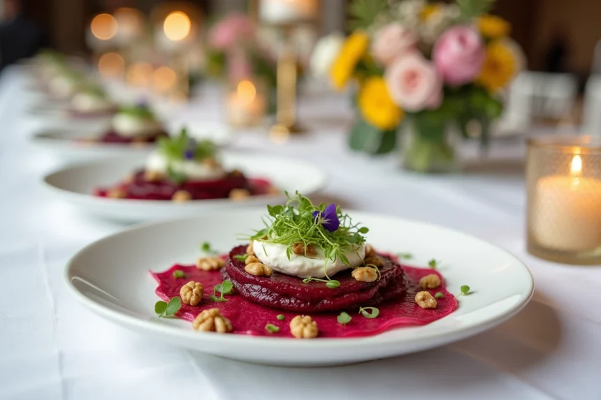 Entrée végétarienne élégante pour un mariage : carpaccio de betterave avec chèvre fouetté, fleurs comestibles et noix caramélisées sur table de réception