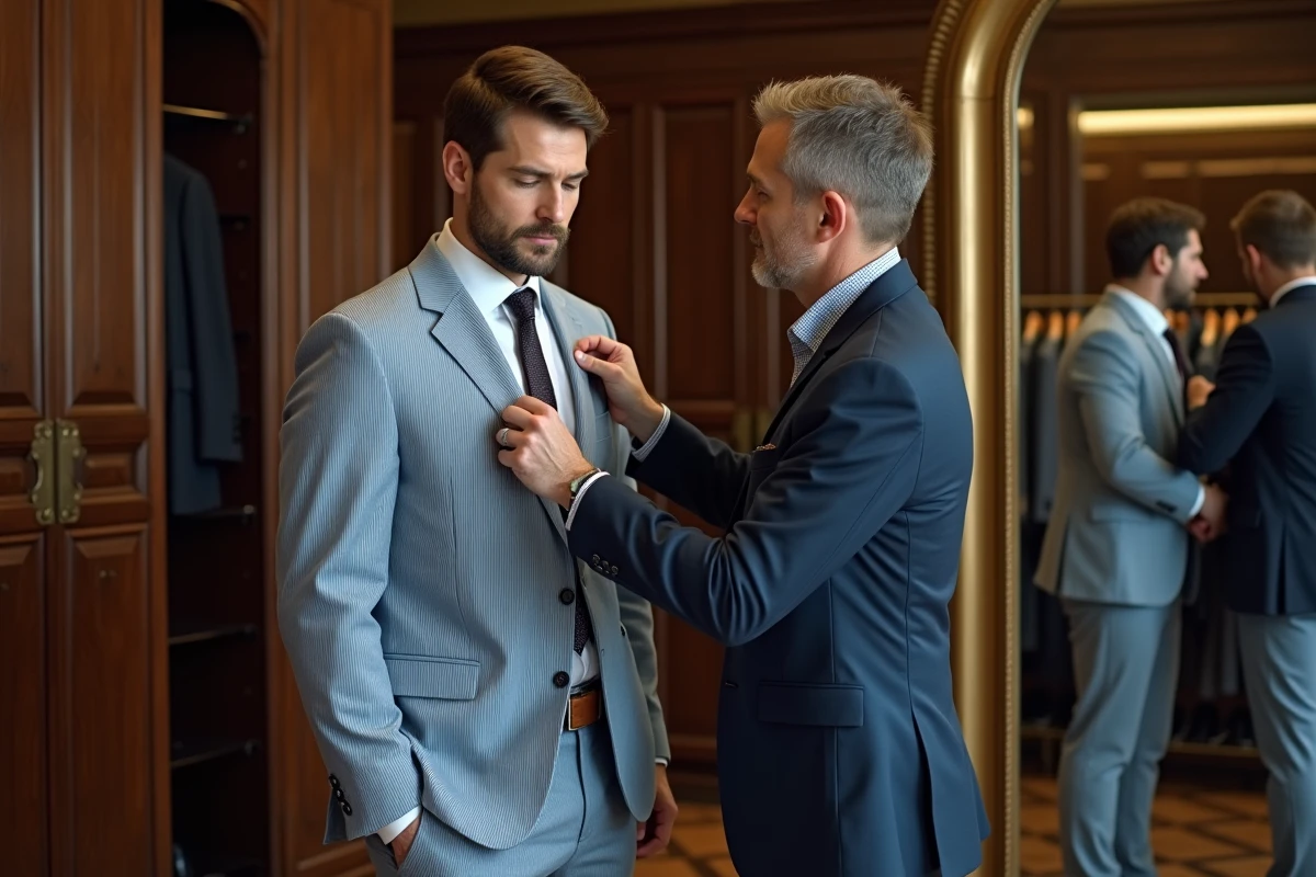 Essayage d'un costume léger en seersucker dans une boutique de location de costumes à Paris pour un mariage en été