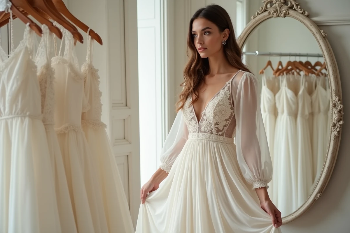 Essayage d'une robe de mariée bohème brodée dans une boutique de mariage parisienne élégante