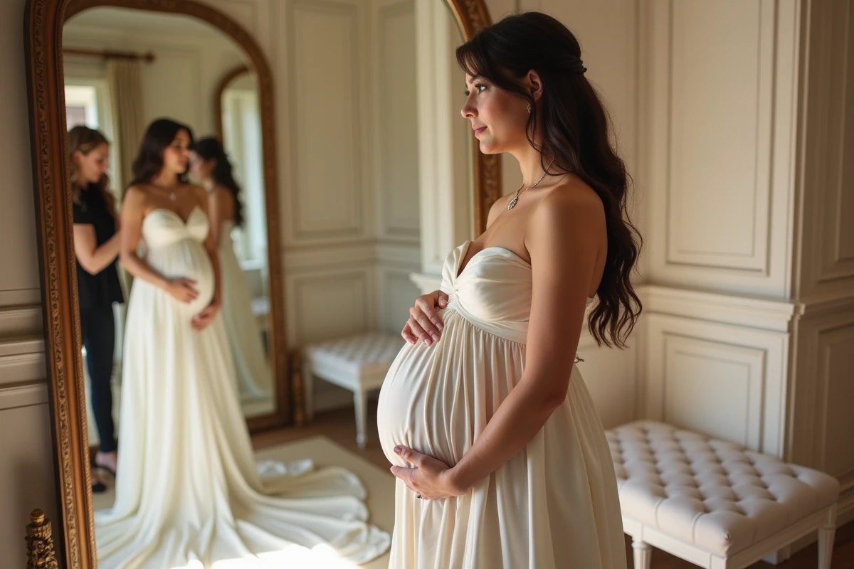 Femme enceinte en robe de mariée satin devant un miroir dans une cabine d'essayage d'une boutique de location de robes à Strasbourg