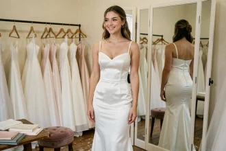 Jeune femme essayant une robe de mariée ajustée en satin blanc dans une boutique de mariage abordable, devant un miroir triptyque