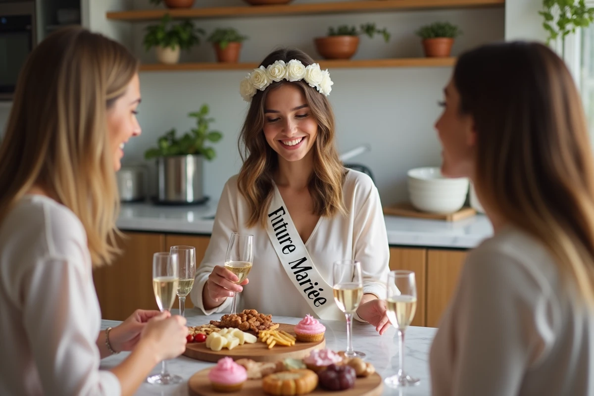 Future mariée avec couronne florale lors d'un enterrement de vie de jeune fille maison avec planche apéritif et champagne