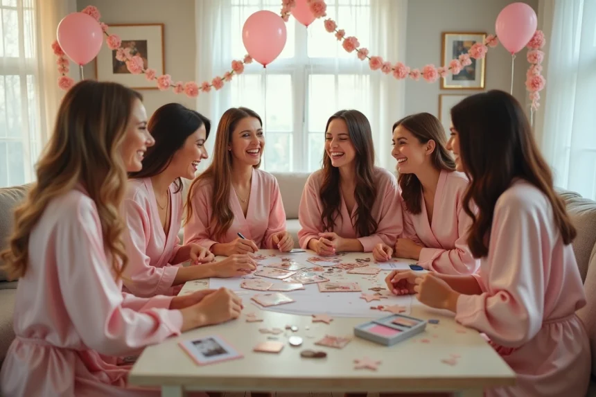 Groupe d'amies en robes de soie rose préparant des décorations pour un enterrement de vie de jeune fille à la maison
