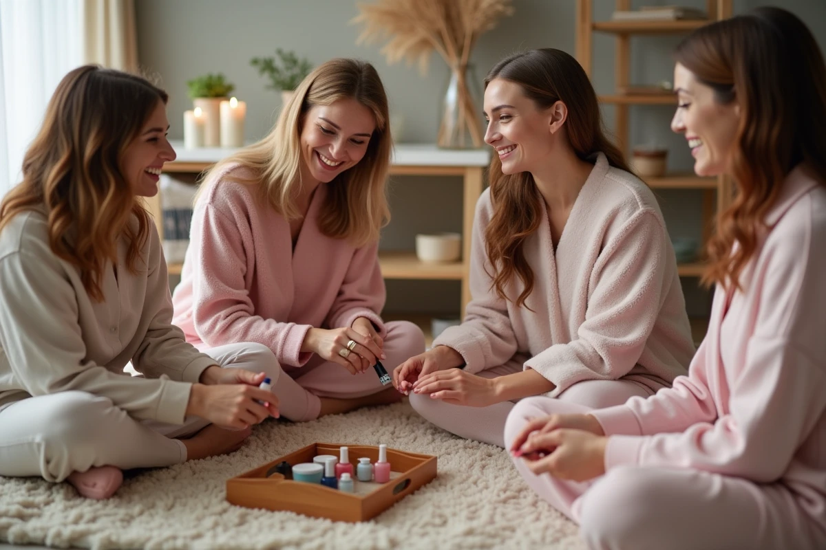 Amies faisant du nail art et des soins beauté lors d'un enterrement de vie de jeune fille organisé à domicile