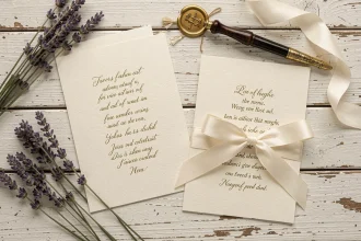 Faire-part de mariage élégant avec calligraphie poétique sur papier ivoire entouré de lavande séchée et ruban