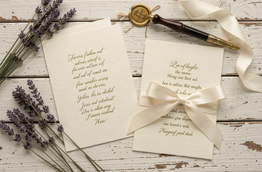 Faire-part de mariage élégant avec calligraphie poétique sur papier ivoire entouré de lavande séchée et ruban
