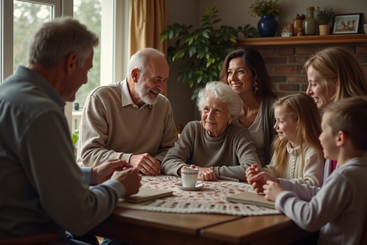 Famille réunie dans un salon chaleureux autour du couple