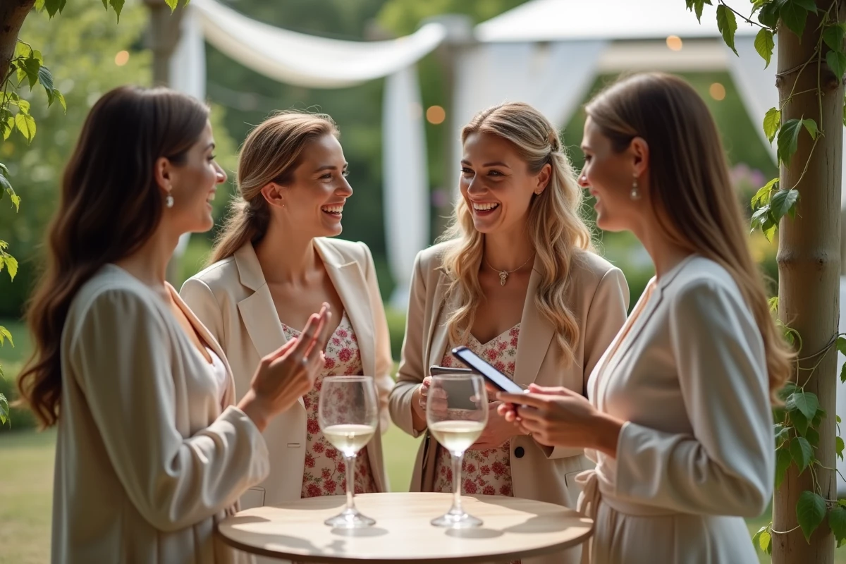 Groupe d'amis élégants riant lors d'une réception de mariage en plein air en écoutant un message de félicitations humoristique