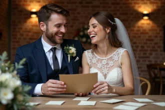 Couple de mariés riant ensemble en lisant une carte de félicitations humoristique lors de leur réception de mariage