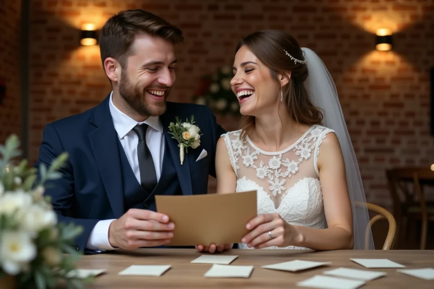 Couple de mariés riant ensemble en lisant une carte de félicitations humoristique lors de leur réception de mariage