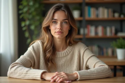 Femme en sweater beige posant avec un anneau doré dans un salon lumineux