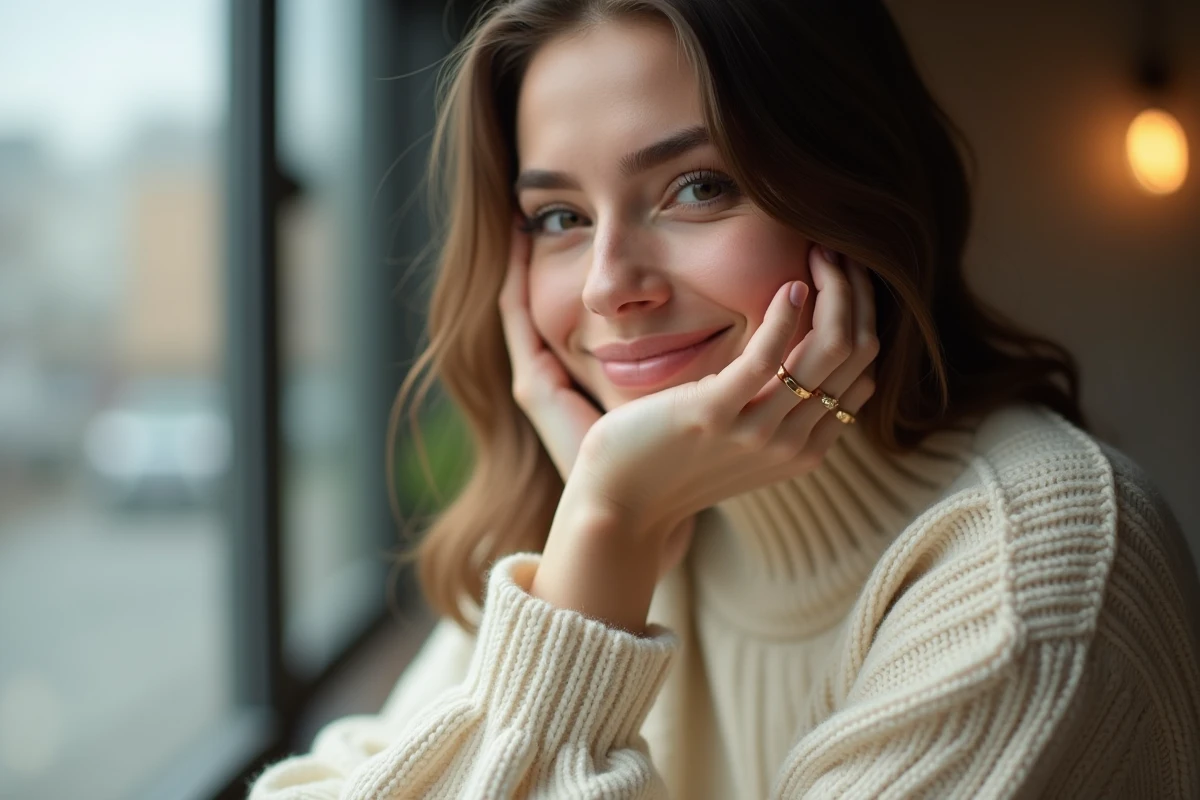 Jeune femme souriante montrant sa bague duo couple en or avec détail gravé, portrait intérieur près d'une fenêtre