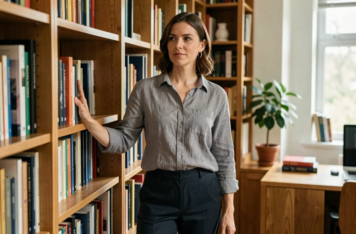 Femme sereine dans une bibliothèque personnelle, évoquant la discrétion et la vie intime préservée des médias