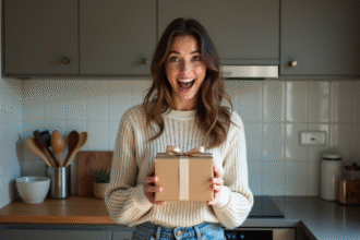 Femme surprise ouvrant un cadeau dans la cuisine moderne