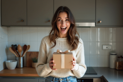 Femme surprise ouvrant un cadeau dans la cuisine moderne