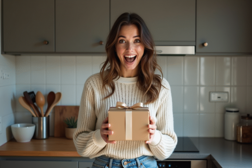 Femme surprise ouvrant un cadeau dans la cuisine moderne