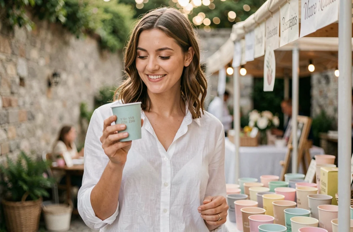Jeune femme inspectant un éco cup personnalisé pour mariage dans un marché en plein air avec stand de gobelets réutilisables colorés