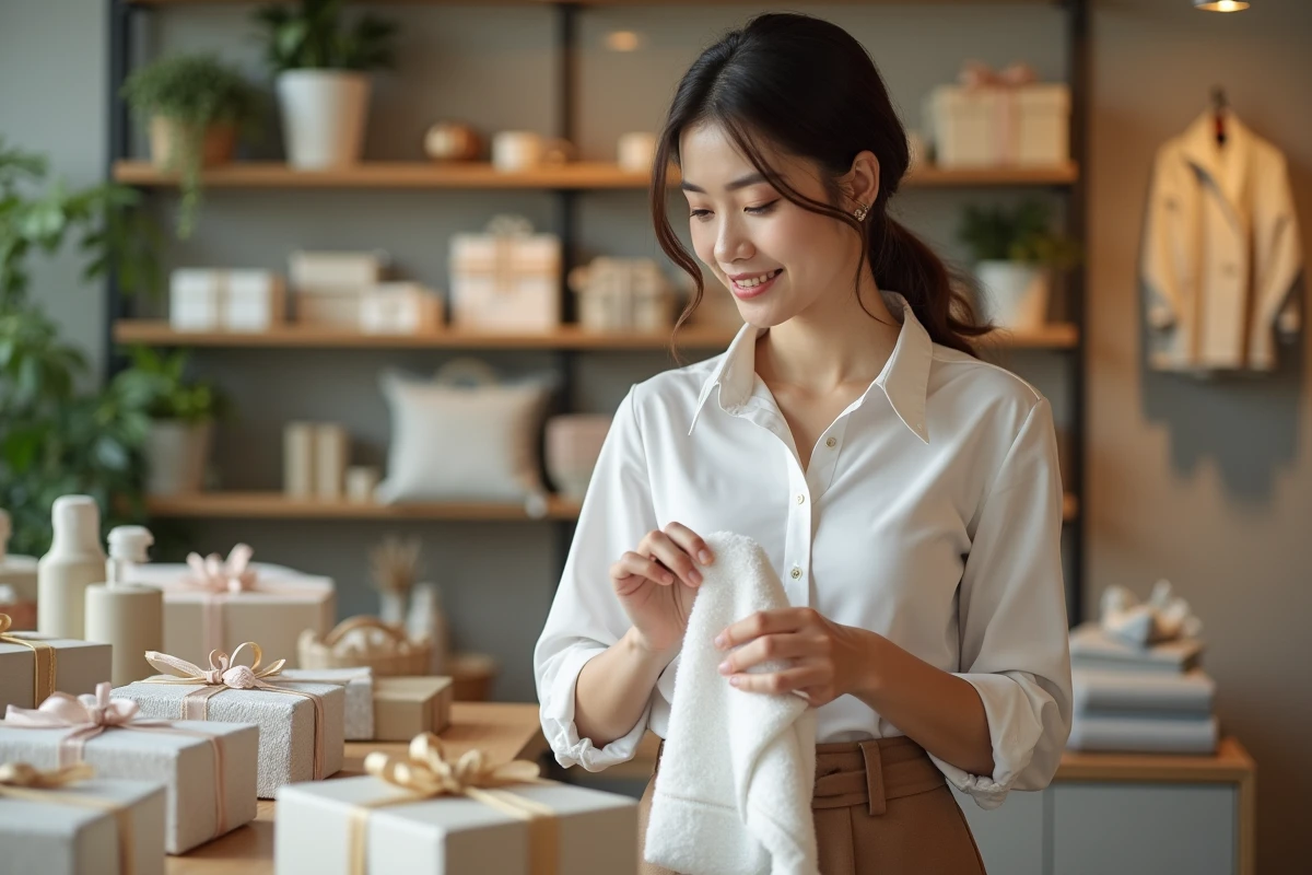 Jeune femme choisissant un cadeau en coton en boutique