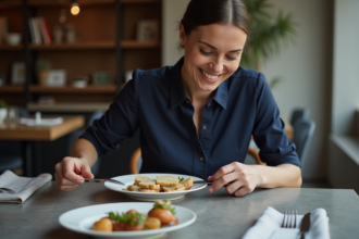 Femme souriante en blouse navy arrangeant une assiette de pain