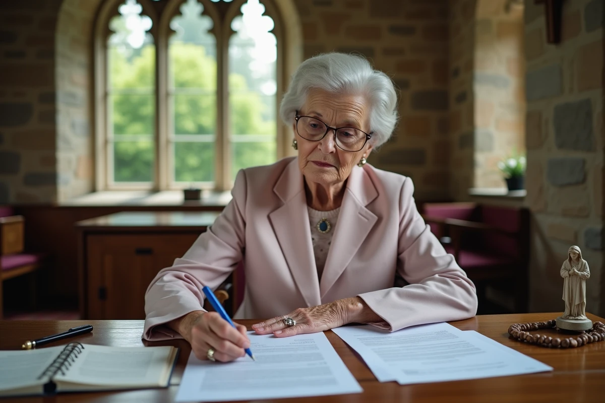 Femme âgée remplissant des formulaires dans un hall
