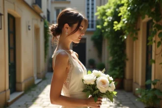 Femme élégante en robe de mariée ivoire tenant un bouquet de pivoines blanches dans une cour parisienne en pierre