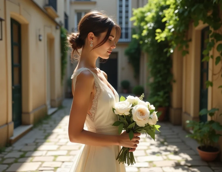 Femme élégante en robe de mariée ivoire tenant un bouquet de pivoines blanches dans une cour parisienne en pierre